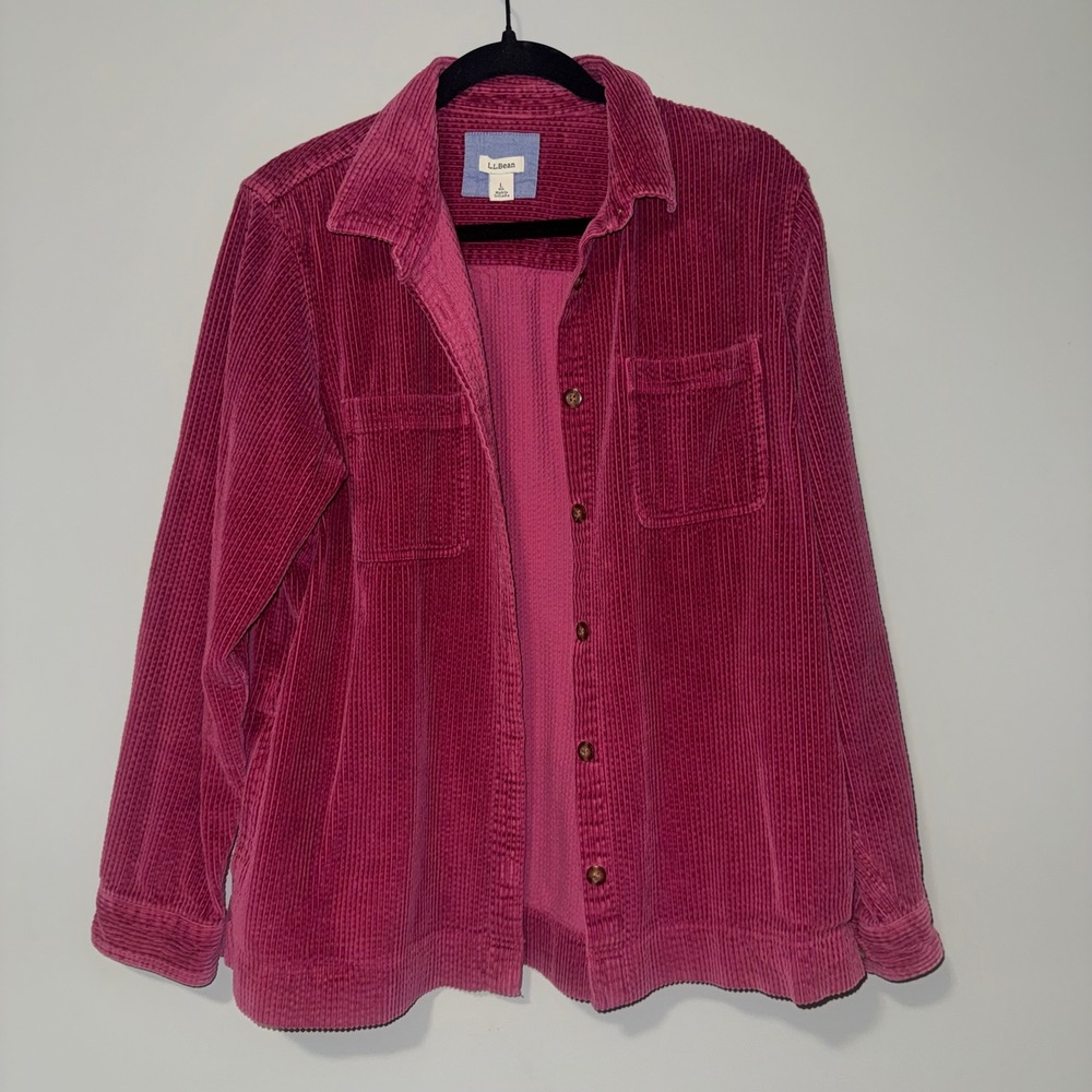LL Bean Womens Corduroy Button Down Shirt Magenta Pink Long Sleeve Large Regular